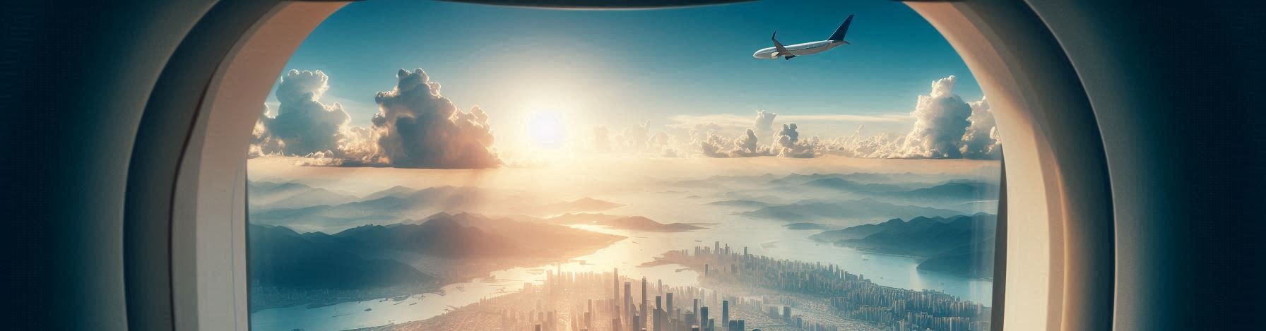 airplane flying above modern city